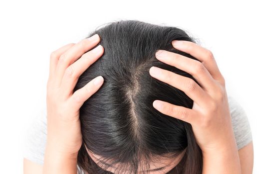 Closeup woman hand itchy scalp, Hair care concept