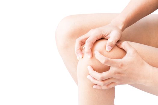 Closeup woman hand hold knee with pain symptom, health care and medical concept