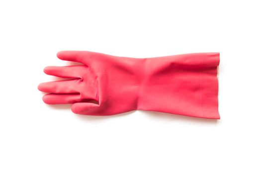 Red rubber gloves for cleaning on white background, workhouse concept
