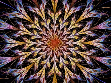 Unusual flower petals - abstract computer-generated image. Fractal art: ornament like stained glass. For banners, posters, fantasy or mystery concept backgrounds.