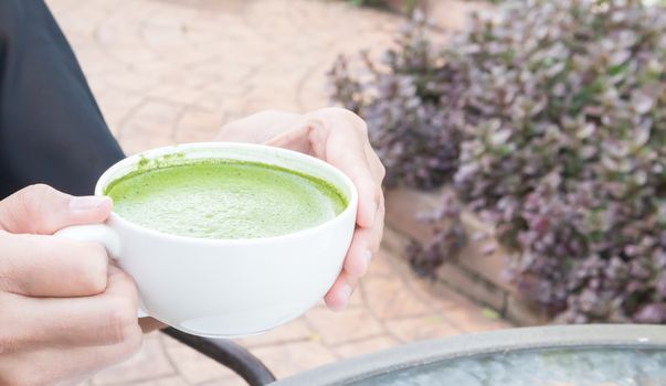 Woman hand holding a cup of hot matcha latte or green tea with nature background