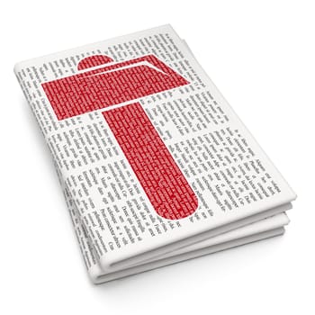 Constructing concept: Pixelated red Hammer icon on Newspaper background, 3D rendering