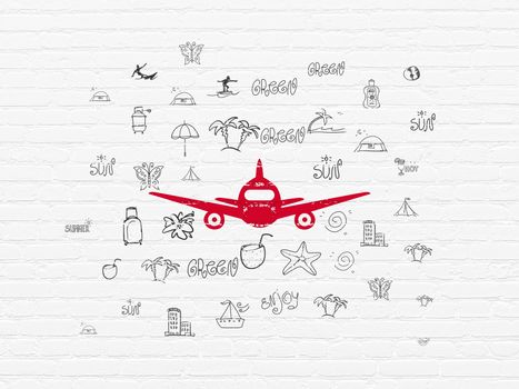 Tourism concept: Painted red Aircraft icon on White Brick wall background with  Hand Drawn Vacation Icons