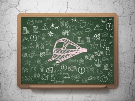 Tourism concept: Chalk Pink Train icon on School board background with  Hand Drawn Vacation Icons, 3D Rendering