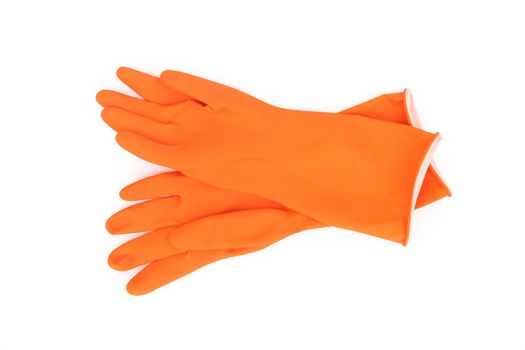 Orange color rubber gloves  for cleaning on white background, workhouse concept