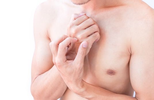 Man hand scratching arm on white background for healthy concept