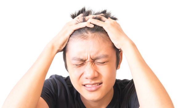 Asian young man depression with hand on forehead