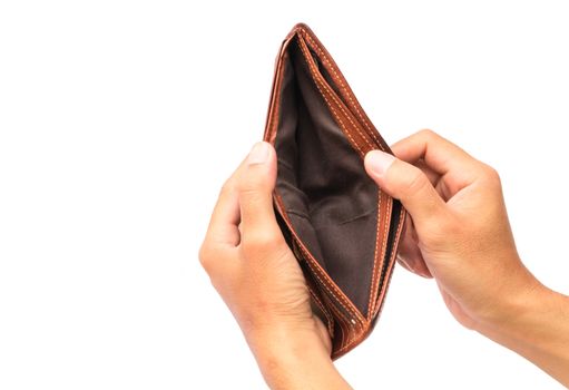 Man hand open an empty wallet on white background