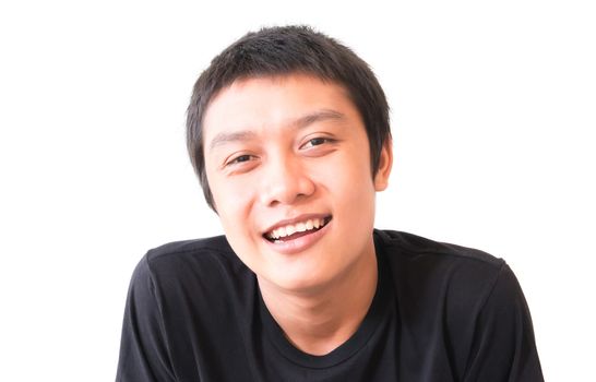 Asian young man smiling, Happy feeling character with white background