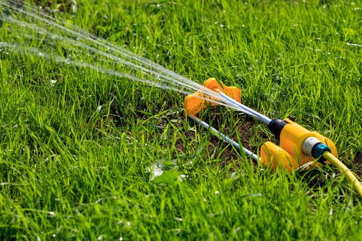 Closeup shot of yellow lawn sprinkler spaying water over green grass field. Irrigation system