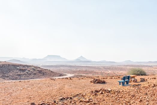 View to the East from the picnic spot with blue bench at the top of Dopsteekhoogte Pass on the C39-road to Torra Bay, in the Kunene Region of Namibia