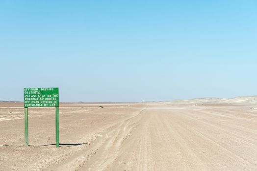 Warning sign on the C34-road between Henties Bay and Torra Bay in the Skeleton Coast area of Namibia