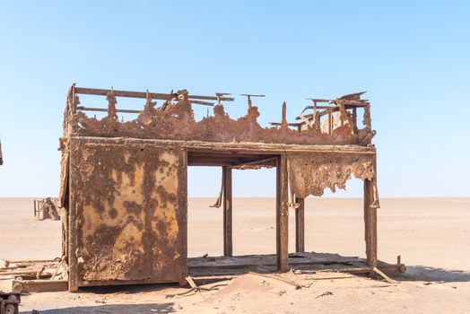 Part of the rusted remains of an abandoned oil drilling rig between Henties Bay and Torra Bay in the Skeleton Coast area of Namibia