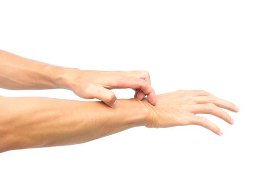 Man hand scratching hand on white background for healthy concept