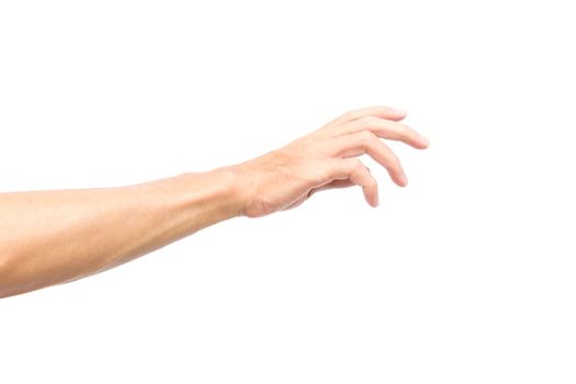 Man arm with blood veins praying on white background