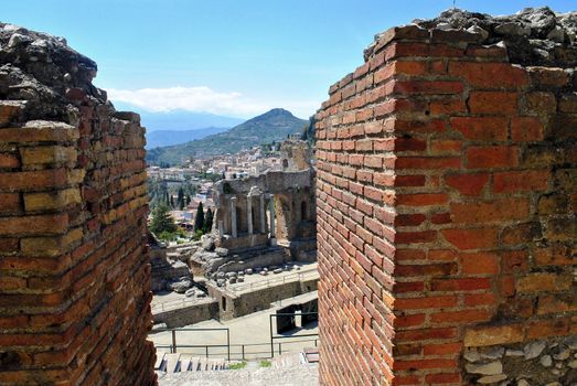 detail of the Ancient Theatre of Taormina in Sicily, Italy