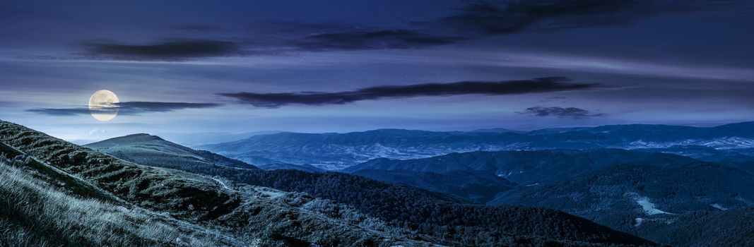 panoramic summer landscape with hillside meadow in Carpathian mountains at night in full moon light