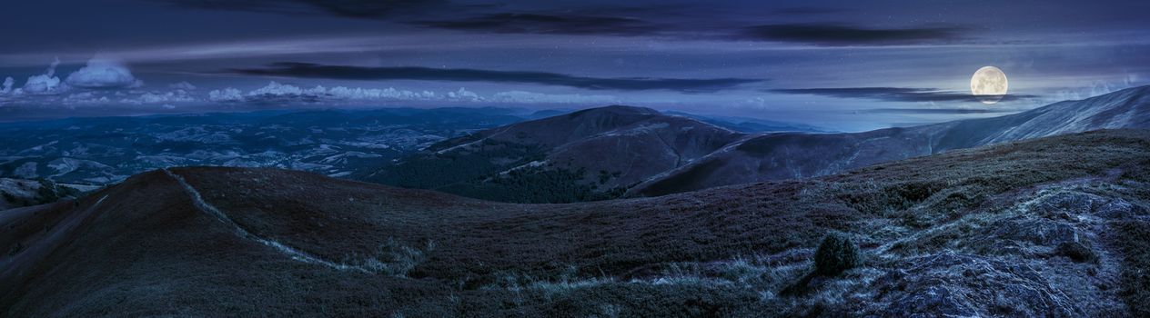 panoramic summer landscape under blue sky with clouds. Path through hillside meadow on Borzhava mountain ridge in Carpathians at night in full moon light