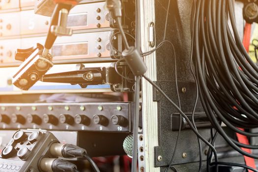 film crew, detail of Portable Wireless Sound Recorder equipment