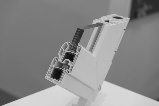 cross-section aluminum window frames, note shallow depth of field