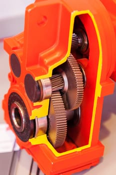 section of vertical gear unit with cylindrical gears, note shallow depth of field