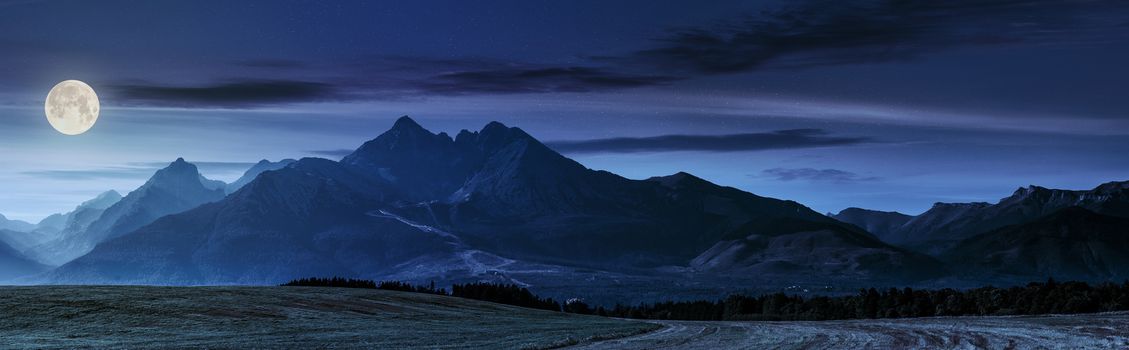 panorama of Tatra mountains in haze behind the forest and rural field at night in full moon light
