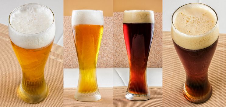 set glass with lager beer and dark beer. staright and top vew