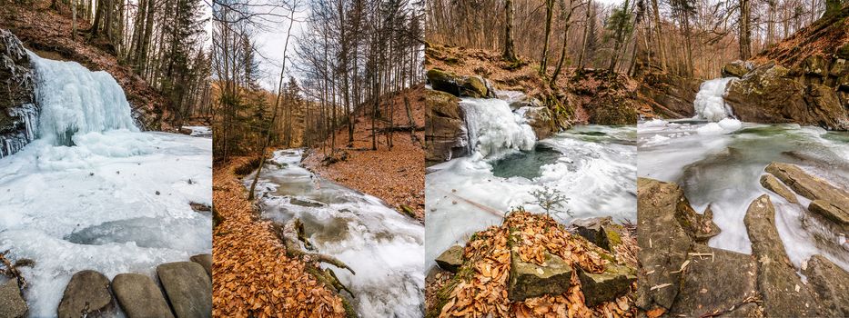 set of images with frozen waterfall on the river among the forest  in mountains