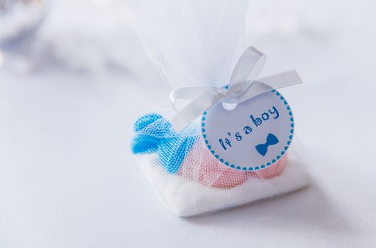 Baby shower blue sweets gift box drawn baby boy on white