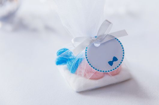 Baby shower blue sweets gift box on white