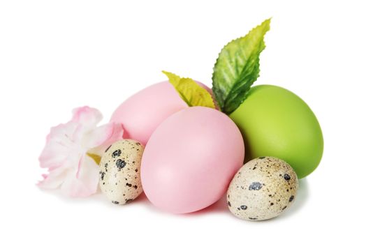 Pink and green Easter eggs isolated on white background