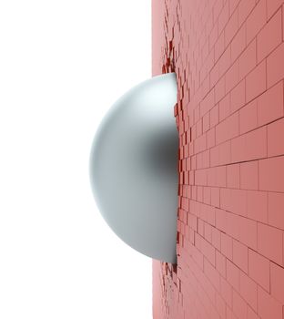 A metal ball in the hole of a brick wall. 3d illustration