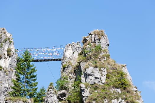 Tibetan bridge along a mountain trekking path, Italian Alps,