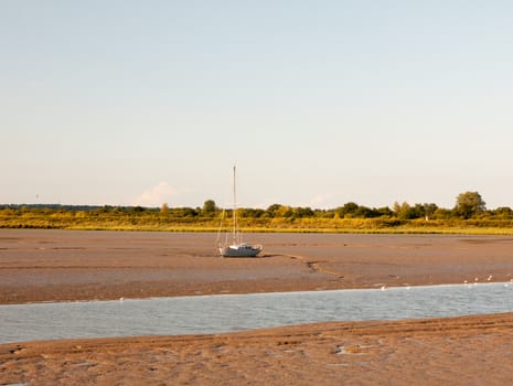 a moored little vessel boat at edge of river stream Maldon black water ;Essex; England; UK