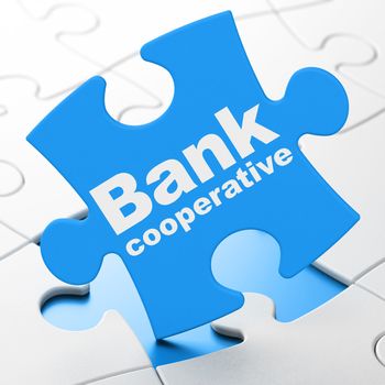 Banking concept: Bank Cooperative on Blue puzzle pieces background, 3D rendering