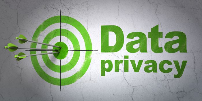 Success security concept: arrows hitting the center of target, Green Data Privacy on wall background, 3D rendering