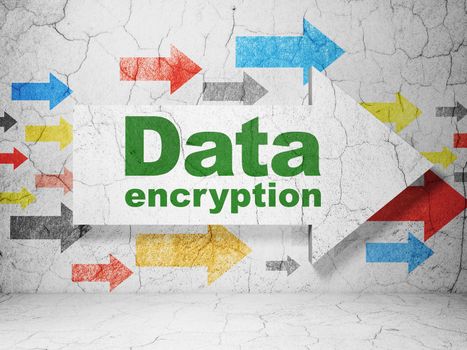 Protection concept:  arrow with Data Encryption on grunge textured concrete wall background, 3D rendering