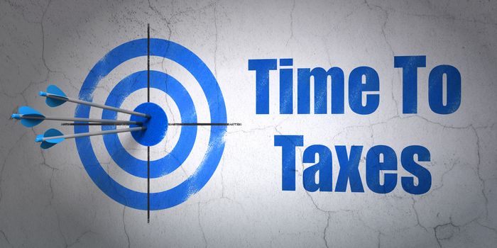 Success business concept: arrows hitting the center of target, Blue Time To Taxes on wall background, 3D rendering