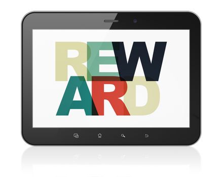 Finance concept: Tablet Computer with Painted multicolor text Reward on display, 3D rendering