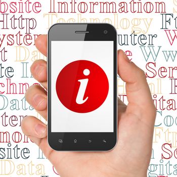 Web development concept: Hand Holding Smartphone with  red Information icon on display,  Tag Cloud background, 3D rendering