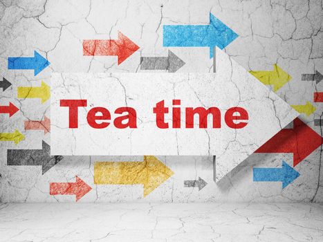 Time concept:  arrow with Tea Time on grunge textured concrete wall background, 3D rendering