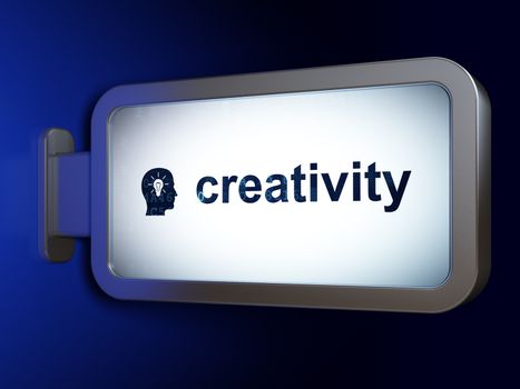 Advertising concept: Creativity and Head With Light Bulb on advertising billboard background, 3D rendering