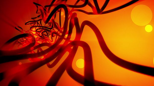 Fantasy 3d illustration of abstract flow of consciousness withstrokes and spots twisted in several variously shaped thin and thick spirals in the light orange background