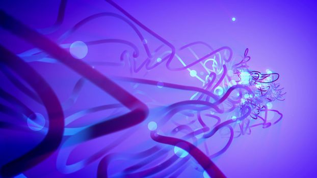 Exciting 3d illustration of several entangled spirals of the dark blue color with shimmering white spots. The spirals are of various forms and shapes in the light blue background