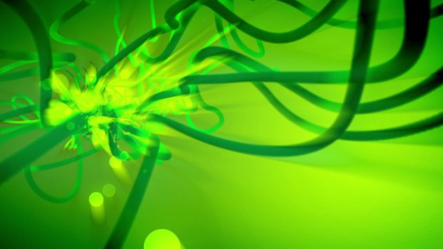 Subconscious 3d rendering of mysterious fantasy strokes and explosions of light and dark green color which looks loke plazma spirals and flashes  in a mind. 