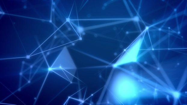 Exciting 3d rendering of a futuristic cyberspace flight through light blue network with gleaming spots, triangular facets, and a grid of pyramid looking links in the light blue background