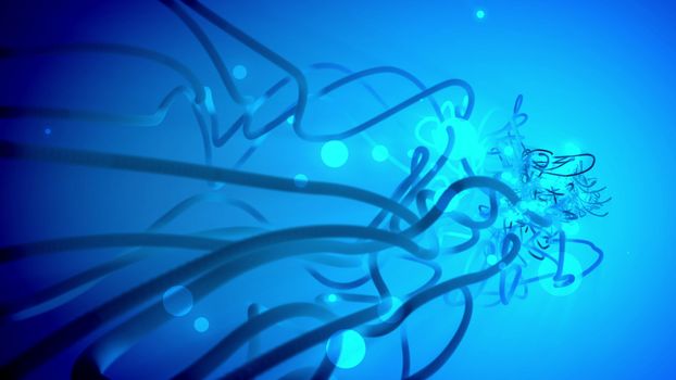 Astonishing 3d rendering of imaginative fantasy strokes and smears of light and dark blue color which have several different  size twisted spirals in the blue-violet background. 