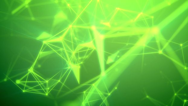 Exciting 3d rendering of a fantastic Internet based cyberspace with numerous luminous light green and yellow lines, triangular surfaces, geml looking spots, and the green background