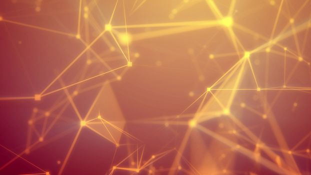 Amazing 3d illustration of a blurred sci-fi Internet based cyberspace with frequent shining yellow connections, triangular surfaces, dazzling spotlights, crystals, and the bright orange background