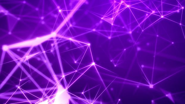 Dreamlike 3d illustration of a science fiction Internet based cyberspace with many gleaming rosy and pink connections, triangular surfaces, bright spotlights, and the bright violet background